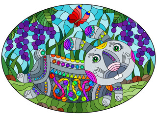 An illustration in the style of a stained glass window with a bright cartoon rabbit on a background of red currant berries, grass and blue sky, oval image