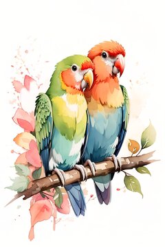 recommend clip art: couple of lovebirds on a branch. watercolor illustration for decoration greeting cards, invitations, prints, wallpaper and wall art