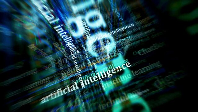 Artificial intelligence machine deep learning and ai chat bot gpt headline news titles across media. Abstract concept displays loop. Flight between screens with glitch effect seamless and looped 3d.