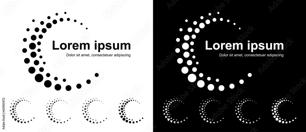 Leinwandbilder Abstract background  with dynamic halftone dots in spiral. Black shape on a white background and the same white shape on the black side. Triangles, Stars, Hexagons templates on bottom.