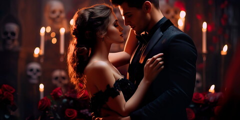 Halloween-themed wedding with a gothic atmosphere, black roses, and a couple dressed as vampires. Generative Ai