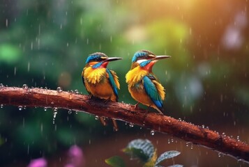 a pair of beautiful birds in the forest with raindrops and nature blurred background. generative ai