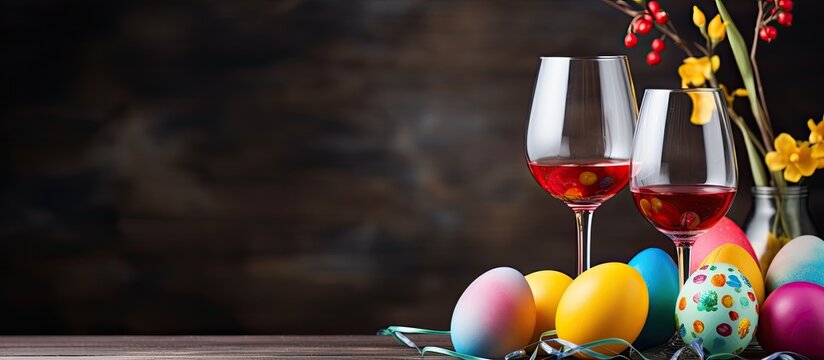A photograph of a wine glass alongside Easter decorations, including colorful eggs. There is empty space