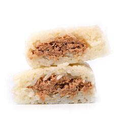 Onigiri with tuna in mayonnaise on a white background