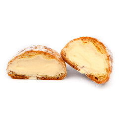 Shu cake with vanilla cream on a white background