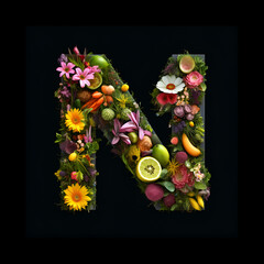 Letter N made of flowers and plants on black background. Flower font concept
