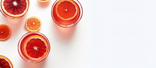 flat lay shot of Negroni cocktails made with blood oranges. The white background, shadows, and copy