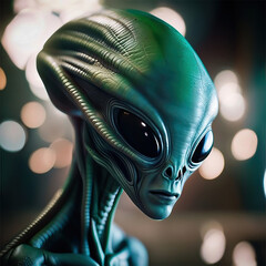 Portrait image of green alien produced by artificial intelligence. Stock image.