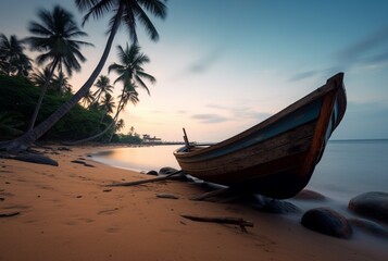 Fototapeta na wymiar wooden boat on the beautiful beach with coconut trees. generative ai