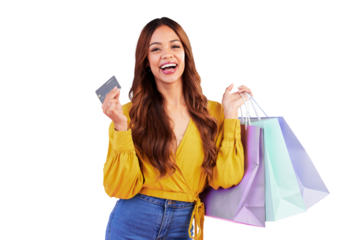 Portrait, retail and credit card with woman and shopping bag on png for luxury, boutique or fashion. Cosmetics, deal and store with customer isolated on transparent background for product and sale