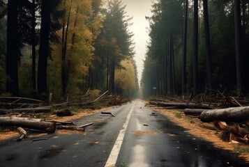 Obraz premium view of an asphalt road in the middle of a forest with trees collapsing due to a natural disaster. generative ai