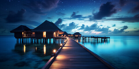 Luxury Maldives tropical island beach resort travel vacation villas at night. Generative AI image