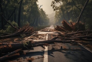 view of an asphalt road in the middle of a forest with trees collapsing due to a natural disaster. generative ai