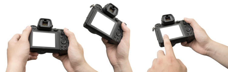 set hands holding mirrorless camera on transparent background for checkking picture or take a photo. clipping path