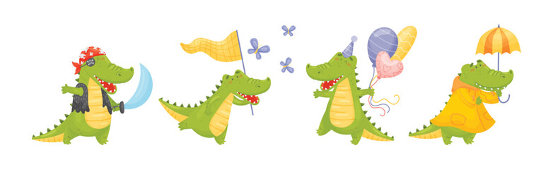 Green Crocodile or Gator Character as African Animal Vector Set