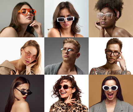 Beauty fashion collage made of headshots with young beautiful people in summer glasses.