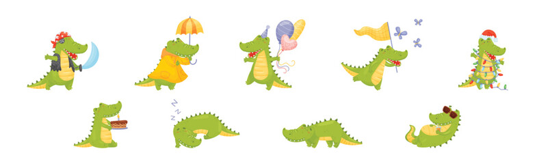 Green Crocodile or Gator Character as African Animal Vector Set