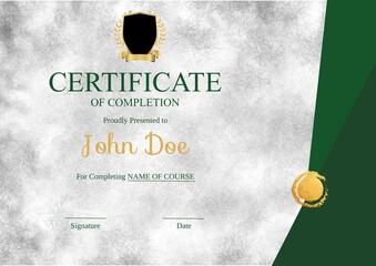 Composition of certificate of completion text in gold frame with copy space on grey background