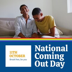 Composite of biracial gay couple smiling on sofa and national coming out day, 11th october text