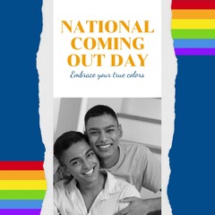 Composite of national coming out day text, rainbow flag, portrait of biracial smiling gay couple