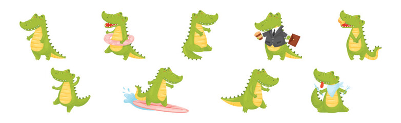 Green Crocodile or Gator Character as African Animal Vector Set