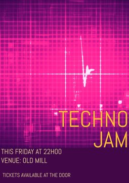 Techno jam, this friday at 22h00, venue old mill, tickets available at the door text on purple grid