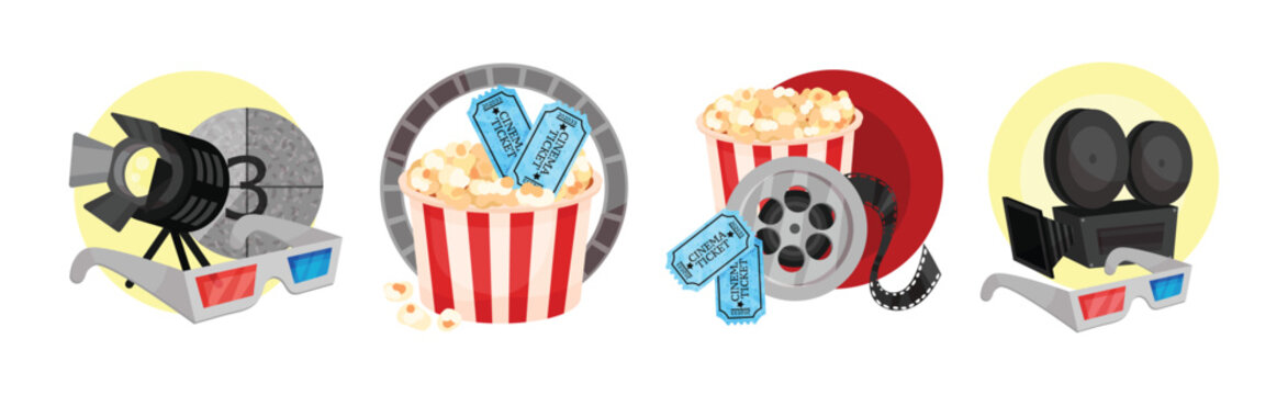 Cinema Elements with 3D Glasses, Popcorn, Reel and Camera Vector Composition Set