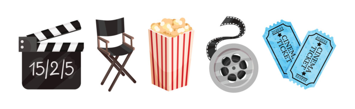 Cinema Elements with Clapperboard, Chair, Popcorn, Reel and Tickets Vector Set
