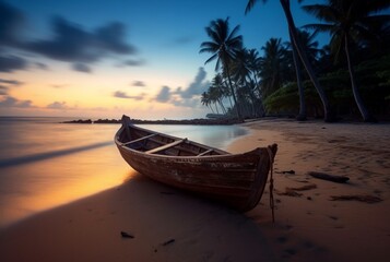 Fototapeta na wymiar wooden boat on the beautiful beach with coconut trees. generative ai