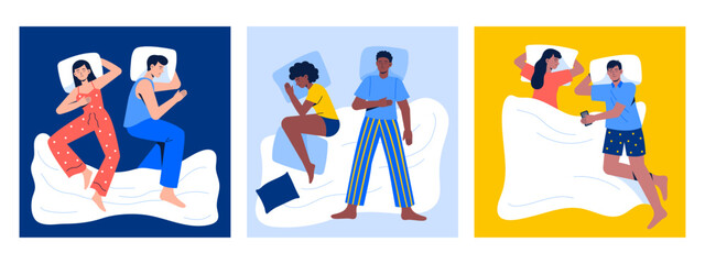 Set with sleeping couples. Women and men sleep together in different positions and poses. Bedroom top view. Vector modern illustrations in flat style.