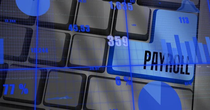 Animation of financial data processing over payroll text on keyboard