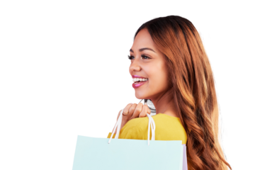 Sale, retail and fashion with woman and shopping bag on png for luxury, boutique and smile. Cosmetics, deal and store with female customer isolated on transparent background for product and happiness