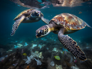 green sea turtle swimming in plastic 
