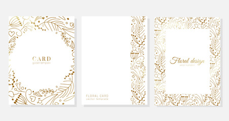 Set of vector cards with hand drawn gold botanical design of small twigs, flowers, berries in doodle style