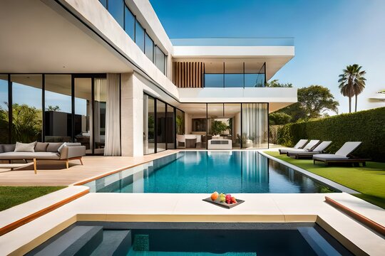 Luxury villa by the sea with pool in garden. Generative AI