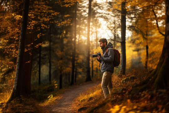 Photographer on nature landscape in the background. Travel vacation concept for World Photography Day