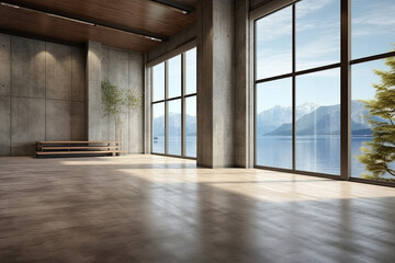 Empty room with panoramic window and mountain view