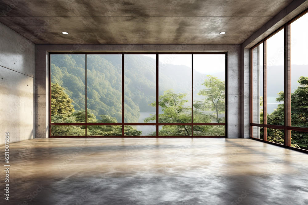 Poster Empty room with panoramic window and mountain view