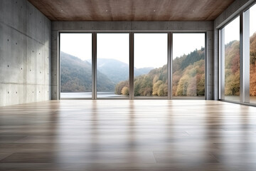 Fototapeta premium Empty room with panoramic window and mountain view