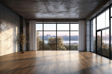 Empty room with panoramic window and mountain view