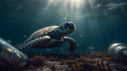 green sea turtle swimming between plastic bottles