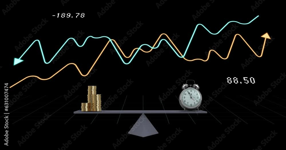 Poster animation of financial data processing over scales with stacks of coins and alarm clock