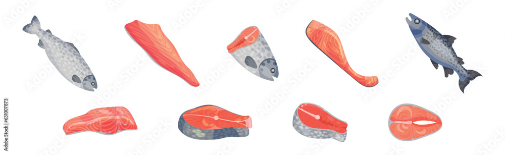 Wall mural Salmon or Trout Fish Red Flesh as Seafood Product Vector Set