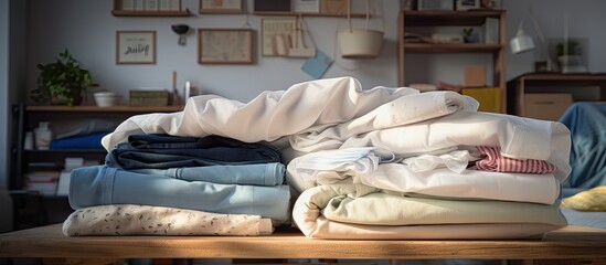 A pile of freshly laundered bedding sheets is seen in the background of a laundry room, appearing clean