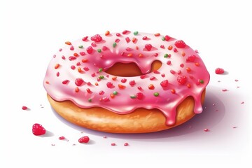 Strawberry Donut in cartoon style isolated on white. AI generated
