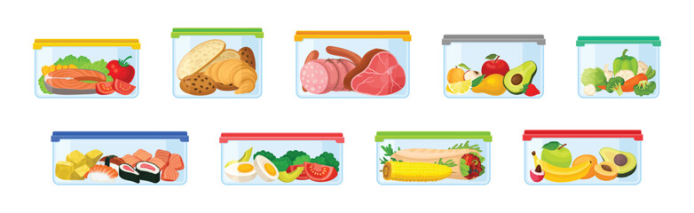 Plastic Containers with Different Food Stored Inside Vector Set