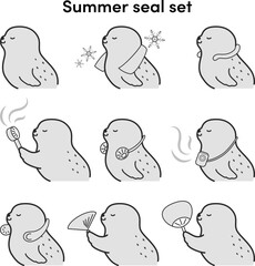 クールグッズを使用するアザラシのイラストセット（白黒）