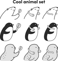 Obraz premium クールなアニマルセット（シロクマ・ペンギン・アザラシ）（白黒）