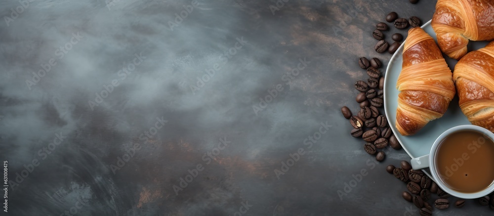 Poster fresh croissants and coffee placed on a stone table as seen from above, with empty space for adding