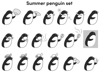 クールグッズを使用するペンギンのイラストセット（白黒）